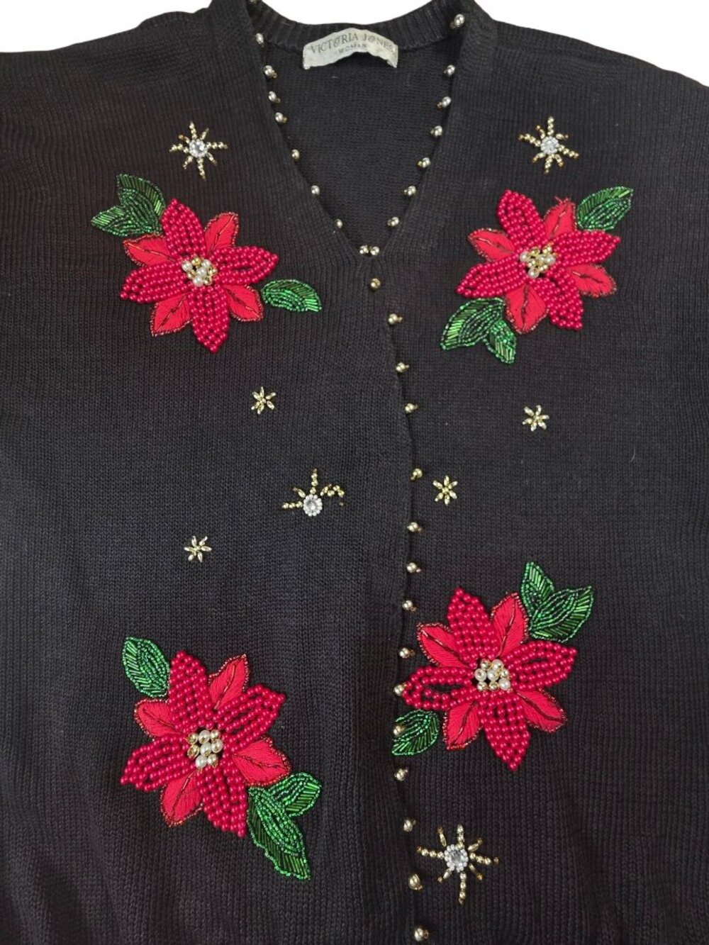 Victoria Jones Womens Black Poinsettia Beaded Cardigan Sweater XL